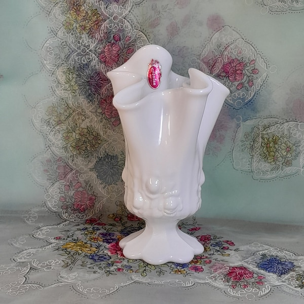 Fenton white handkerchief vase, milk glass, cabbage rose