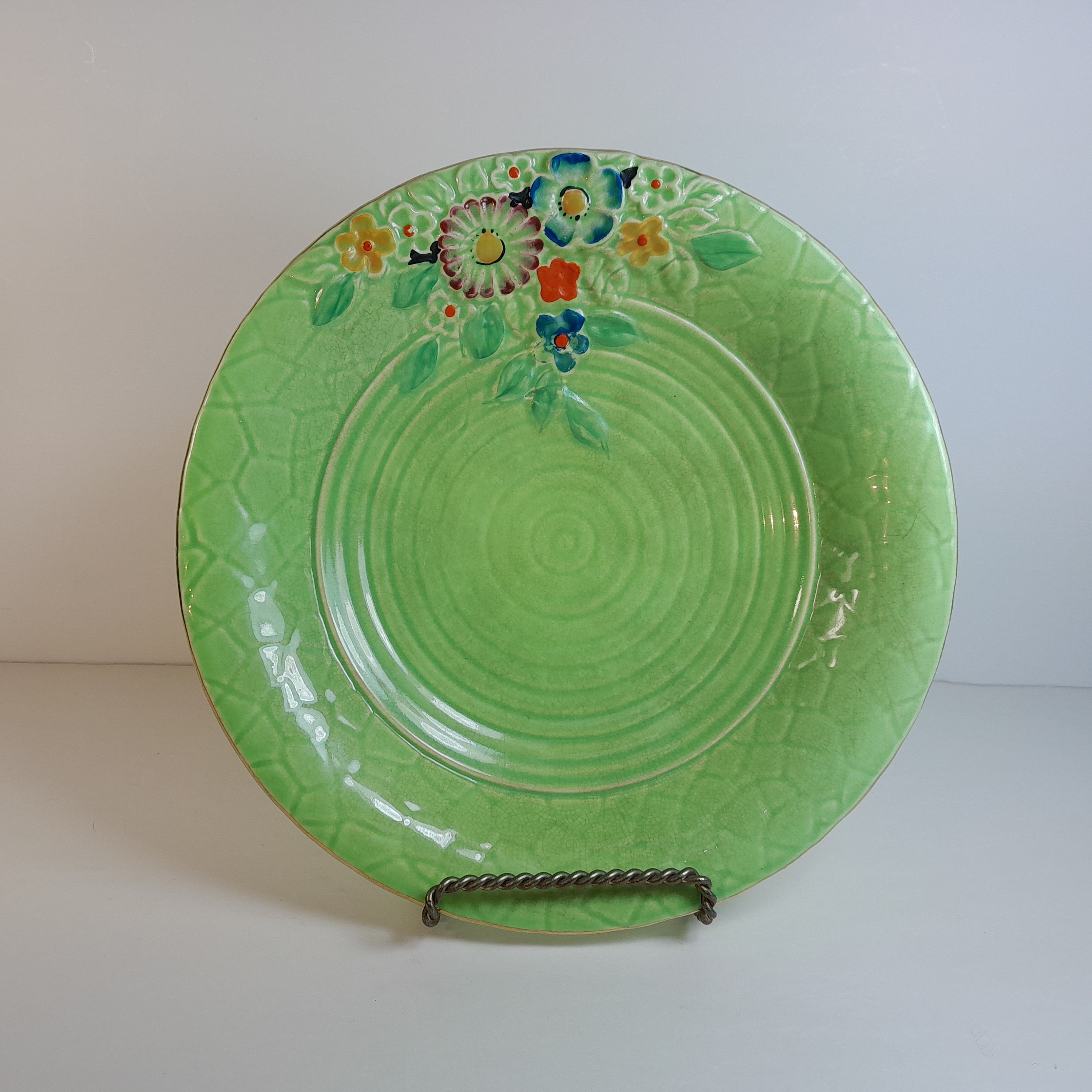 Vintage Crown Devon green floral bowl, trinket/ jewellery dish, hand painted