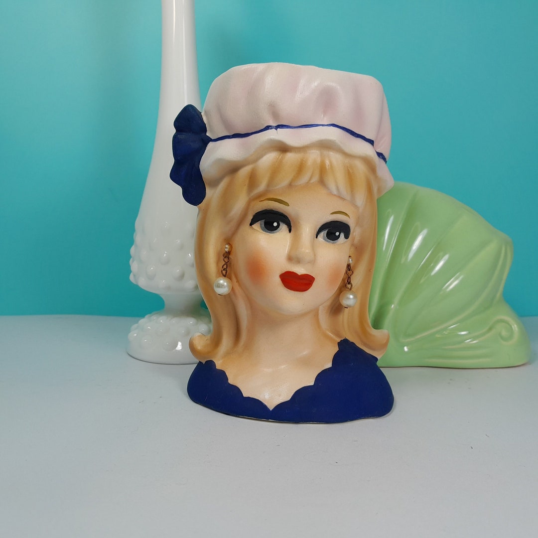 Vintage Inarco Lady Head Vase Teen Girl in Pink Hat Blue Etsy