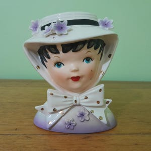 Relpo vintage head vase, K1147, girl with scarf hat and flowers, purple and white