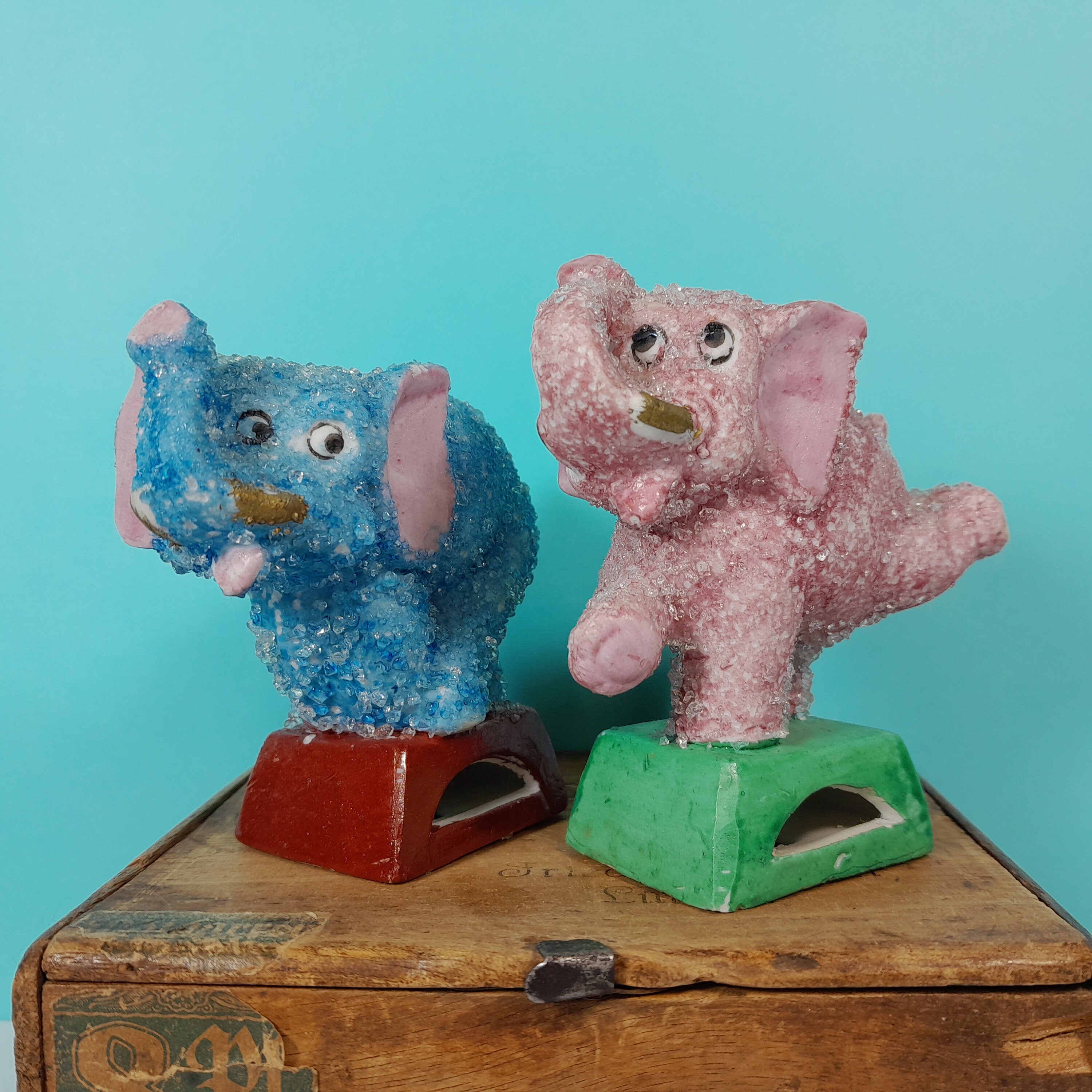 Vintage sugar coated elephant figurines, very old, small
