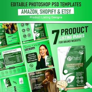 May include: A product listing design featuring multiple images of Pure Vitamins Ashwagandha Tranquility Blend. The images include product packaging, supplement facts, and lifestyle shots. Text includes "Amazon, Shopify & Etsy" and "7 Product Listing Images".