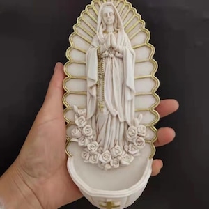 Our Lady of Lourdes Figurine Lourdes Statue Holy Water Font Resin Christian Sculpture Wall Hanger Home Decor Gift for Mother