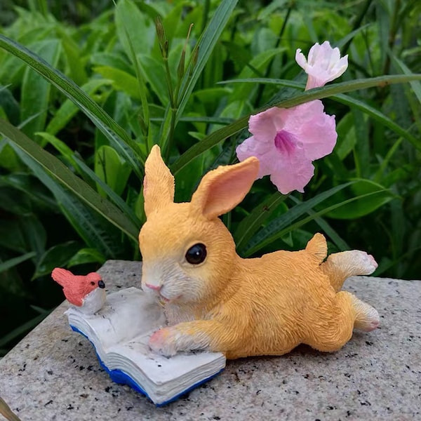 Reading Rabbit Statue Resin Bookshelf Decor Abstract Rabbit Sculptures Bookshelf Desktop Collection Bunny Statues Book Lover Gift