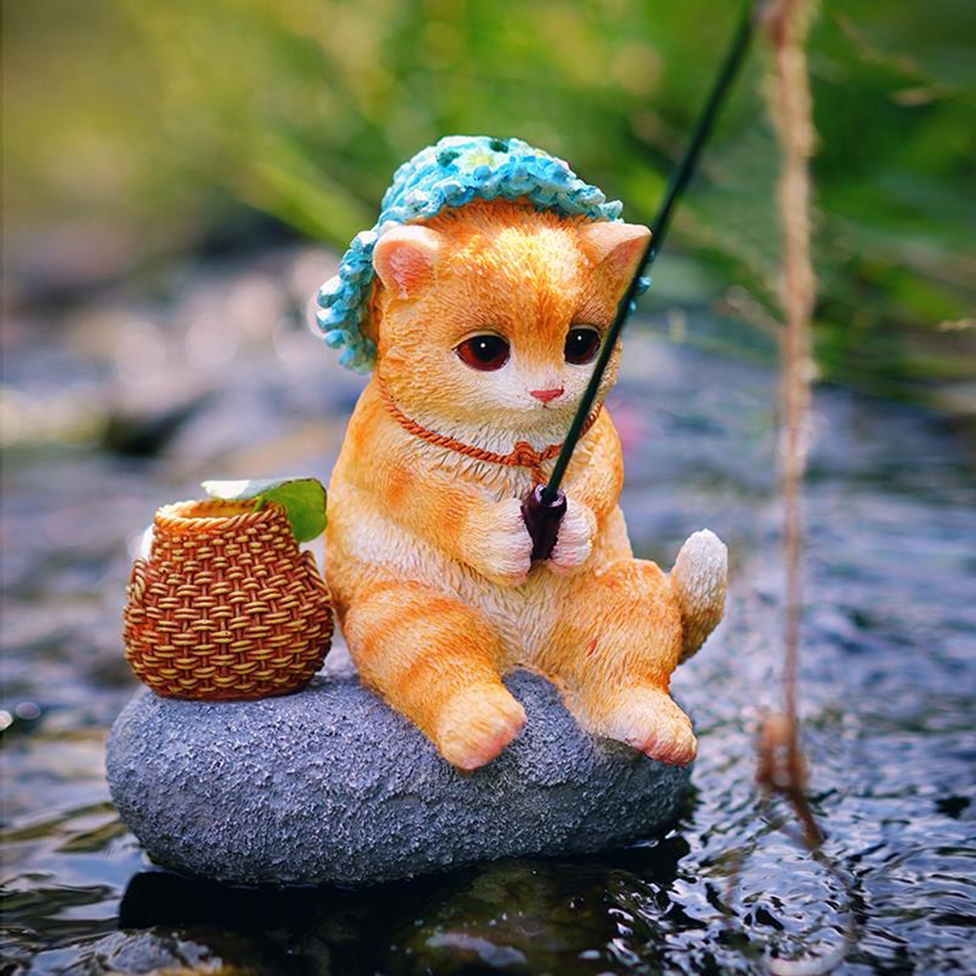 Fishing Cat Statue Cat Figurine Fisherman Fish Tank Decor
