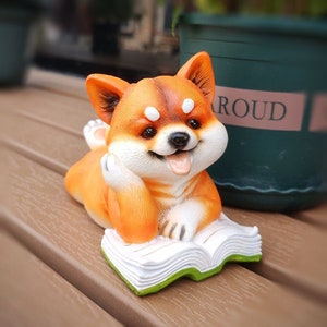 Reading Dog Statue Resin Dog with Book Dog Figurine Doggie Sculptures Bookshelf Desktop Collection Dog Statues Figurine