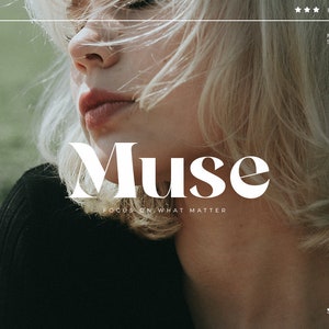 May include: A woman with blonde hair and a black shirt. The text "Muse" is written in white with the tagline "Focus on what matter".