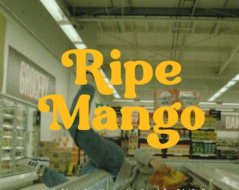 May include: A retro-style font design called "Ripe Mango" in yellow letters with rounded edges. The font is displayed against a blurry background of a grocery store aisle.