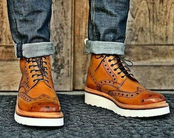 Men's Handmade Leather Brogue Ankle Boots | Men's Italian Vibram Comfort Sole Dress-Up Boots | Party  Wear Boots | Brown and White Boots