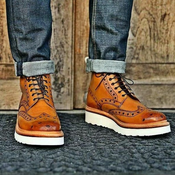 Men's Handmade Leather Brogue Ankle Boot | Men's Italian Vibram Comfort Sole Dress Up Boot