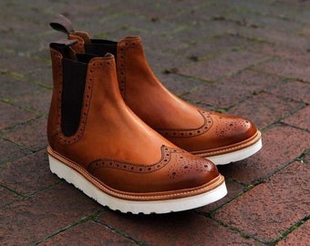Men's Handmade Tan Leather Chelsea Brogue Boot | Men's Italian Vibram Comfort Sole Dress Up Wear