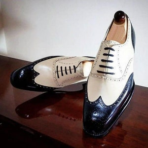 Bespoke Men's Handmade Two Tone Cream and Black Leather Oxford Shoe, Men's Wing Tip Lace Up Dress Formal Shoe