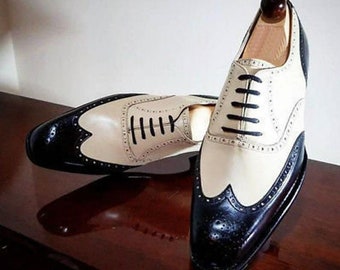 Bespoke Men's Handmade Two Tone Cream and Black Leather Oxford Shoe, Men's Wing Tip Lace Up Dress Formal Shoe