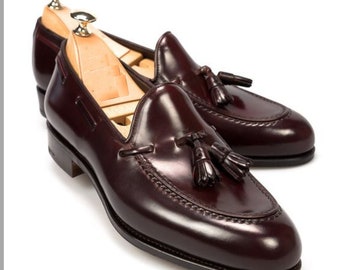 Elegant Burgundy Cordovan Tassel Loafers, Men's Handmade Brown Penny Loafers Shoe, Men's Slip on Party Wear Dress Up Cap Toe Shoe