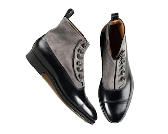 Bespoke Men's Handmade Black And Gray Suede Button Boot | Men's Dress Up Cap Toe Formal Boot | Men's Party Wear Casual Boot
