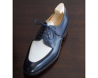 Men's Handmade Blue And White Oxford Shoe, Men's Dress Up Wing Tip Formal Shoe, Men's Party Wear Casual Shoe | Business Party Wear Shoe