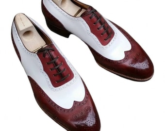 Bespoke Men's Handmade Men Spectator Shoes, Men Two Tone White And Burgundy Leather Oxford Wingtip Brogue Shoes