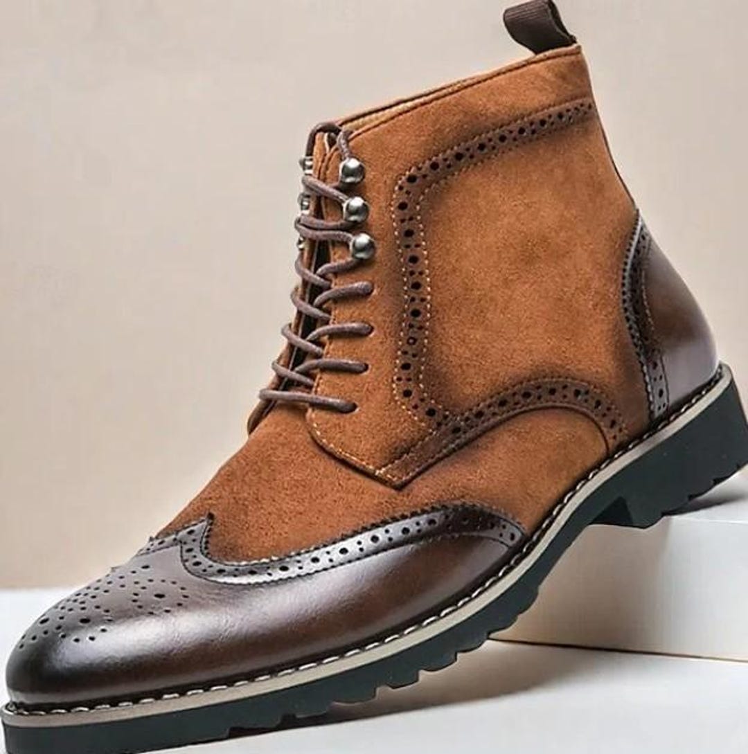 The Anderson Brown Leather & Suede Brogue Lace-Up Men Boot with a Zipper