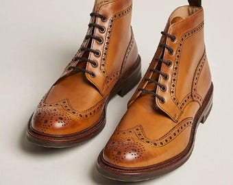 Men's Handmade Leather Brogue Ankle Boots | Men's Italian Comfort Sole Dress-Up Boots | Party Wear Boots | Brown Lace Up Brogue Boots