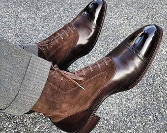 Bespoke Men's Handmade Elegant Dark Brown and Suede Leather Ankle High Stylish Boots | Men's Genuine Leather Dress Up Formal Wear Boots