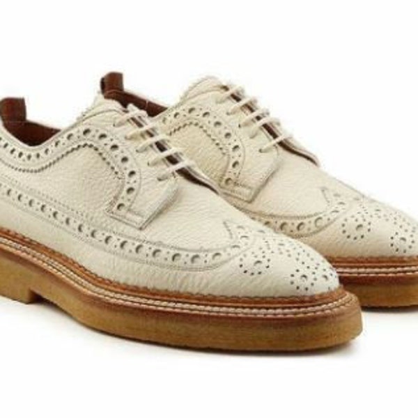 Men's Handmade Beige Oxford Shoes | Men's Dress Up Formal Wear Crepe Sole Brogue Shoes | Business Formal Regular Party Wear Shoe