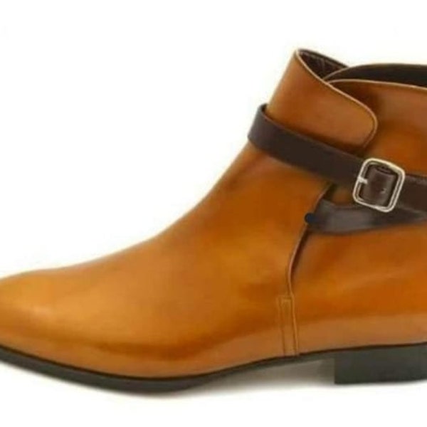 Bespoke Men's HANDMADE Tan Leather Jodhpur Boot, Men Side Strap Buckle Formal Boot, Men Goodyear Welted Casual Boot