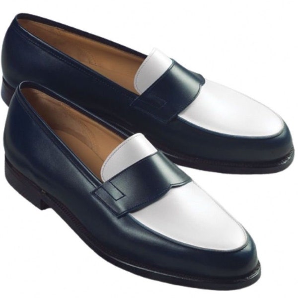 Bespoke Men's Handmade Two Tone White and Blue Penny loafers shoe | Men's Slip On Party Wear Dress Up Cap Toe Shoe