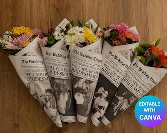 Bridesmaid Proposal Newspaper Template, Bouquet Wrap Canva Template, Printable Flower Wrap, Maid of Honor Proposal Gift