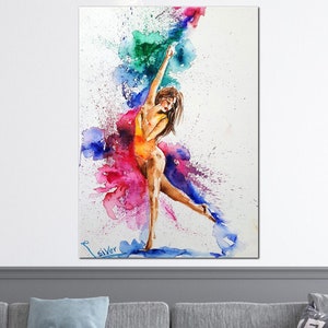 Watercolor Effect Dancing Woman Wall Art, Rainbow Dancing Woman Canvas Decor, Dance School Decor, Roll Printing,  Hand Made Canvas