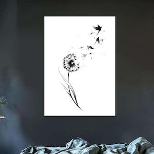 Dandelion Flower and Flying Birds Wall Art, Black and White Dandelion Flower Canvas Print, Wall Decor, Roll Printing, Framed Wall Art