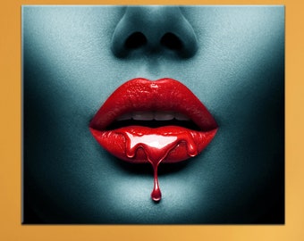 Impresión en lienzo de mujer con lápiz labial rojo, arte de pared de mujer, impresión en rollo grande o lista para colgar