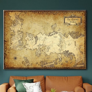 May include: A vintage-style map of the fictional world of Westeros, from the popular TV series Game of Thrones. The map is printed on a parchment-like paper and features a detailed depiction of the landmasses, seas, and major cities. The title "The Known World" is displayed in a decorative banner at the top of the map.