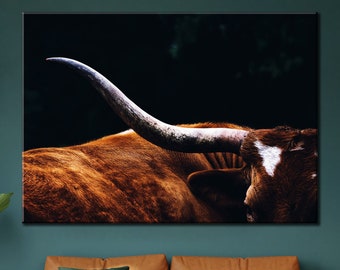 Toile d'art murale vache Texas Longhorn, impression déco Hom Texas Longhorn, impression corne vache Decor, toile de ferme déco, rouleau ou prêt à accrocher