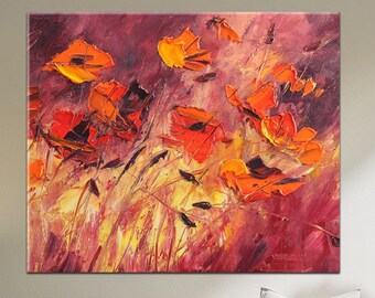 Gold, Orange and Red Floral Prints, Flower Wall Art, Flowers in the Field Modern Decor, Flower Canvas, Wall Decor, Large Roll Printing