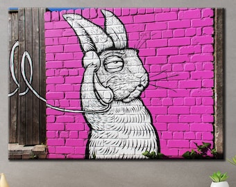 Graffiti White Rabbit Wall Art Canvas, Hare and Pink Wall Decor Canvas, Bunny Using Phone Print, Extra Large Roll or Ready to Hang Canvas