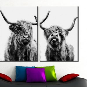 Highland Cow Canvas Wall Art Farmhouse decor Cow Black White print Rustic wall decor Animals painting Scottish Cow Canvas