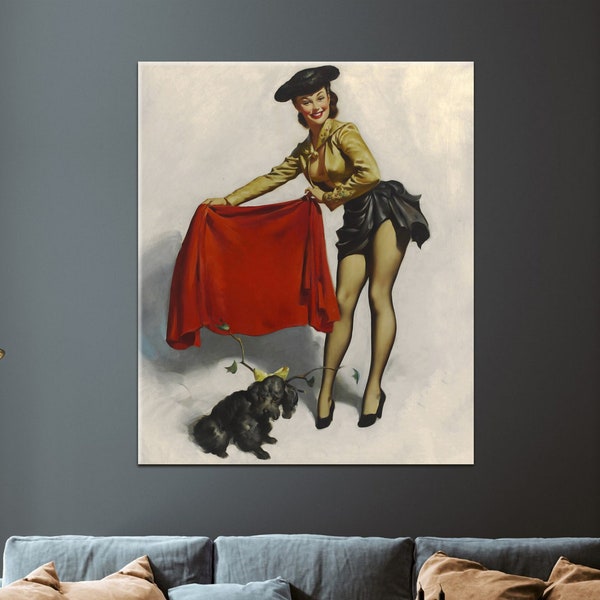 Gil Elvgren Pop Art Matador Woman Wall Art, Flower Crowned Dog Canvas Decor, Home Wall Art Decor, Large Roll Printing,  Hand Made Canvas