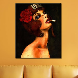 Boxer Face Injured Woman Wall Art, Smoking Woman Wall Decor Print, Female Decor Art, Roll Canvas, Framed Wall Art, Large Canvas Print,