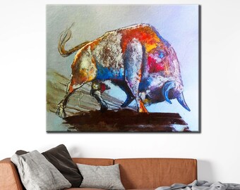Colorful Bull Wall Art Canvas, Bull Statue Canvas Decor Print, Roll Ready to Hang, Multi Panels Canvas, Animal and Farmhouse Canvas Print,