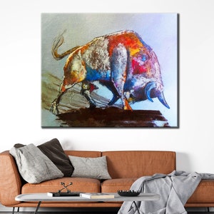 Colorful Bull Wall Art Canvas, Bull Statue Canvas Decor Print, Roll Ready to Hang, Multi Panels Canvas, Animal and Farmhouse Canvas Print,