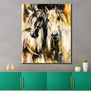 White Horses Wall Art Canvas, Horse Print Decor, Modern Horses Canvas Print Decor, Extra Large Roll or Ready to Hang Canvas Print Decor,