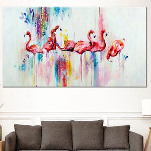 Oil Paint Effect Flamingo Wall Art Decor, Pink Flamingos Wall Decor Print, Ready to Hang, Multi Panels Canvas, Hand Made Canvas,