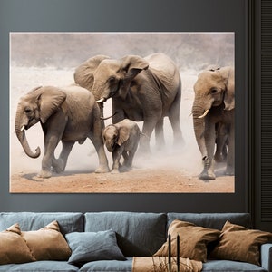 Herde afrikanischer Elefanten Wand Kunst Leinwand, Elefanten Familie Dekor Druck, Mutter und Baby Elefant Wand Dekor, Rolle oder fertig zum Aufhängen