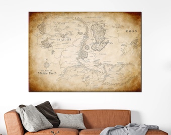 Lord of The Ring Canvas Wall Art, Map of Middle Earth Canvas Print, Game Room Decor, Extra Large Roll or Ready to Hang Map Canvas Print,