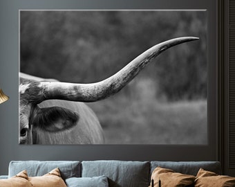 Black and White Texas Longhorn Cow Wall Art Canvas, Hom Texas Longhorn Decor Print, Decor Horn Cow Print, Farmhouse Canvas Decor