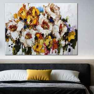 Flower Bouquet with Oil Painting Effect Wall Art, Spring Wildflowers Decor Canvas Art, Floral Decor Print, Roll Print or Ready to Hang