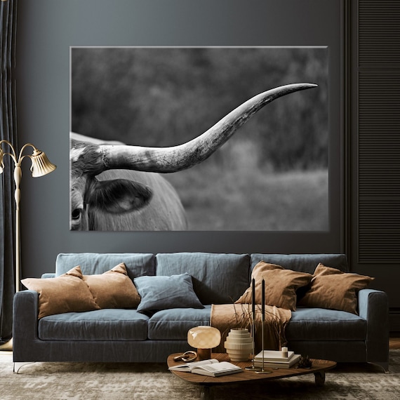 Black and White Texas Longhorn Cow Wall Art Canvas, Hom Texas Longhorn Decor Print, Decor Horn Cow Print, Farmhouse Canvas Decor