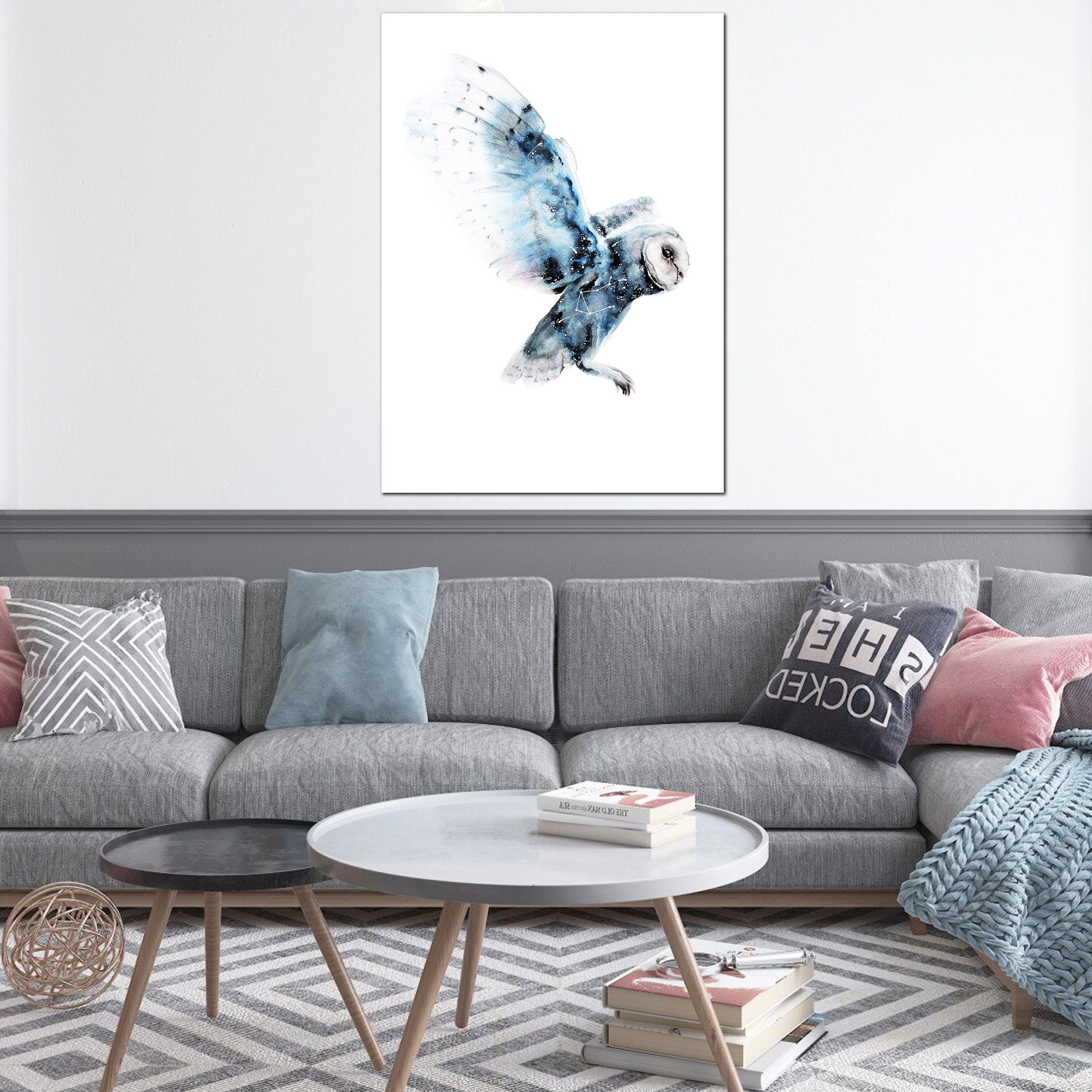 White Owl Canvas Wall Art, Watercolor Effect Blue Flying Owl Art Decor ...