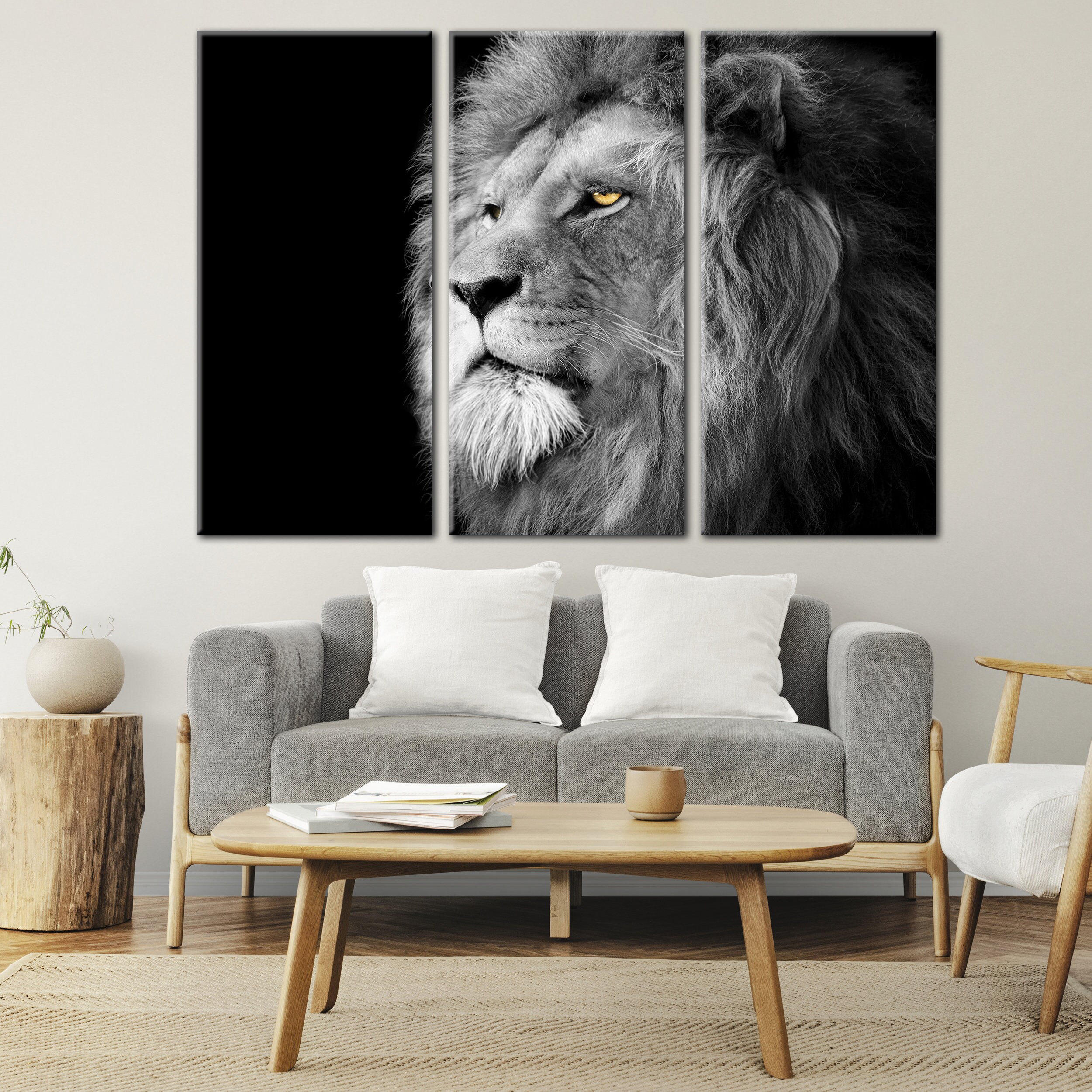 Black and White Lion Head Wall Art Canvas, Leo Decor Print, Wild Animal