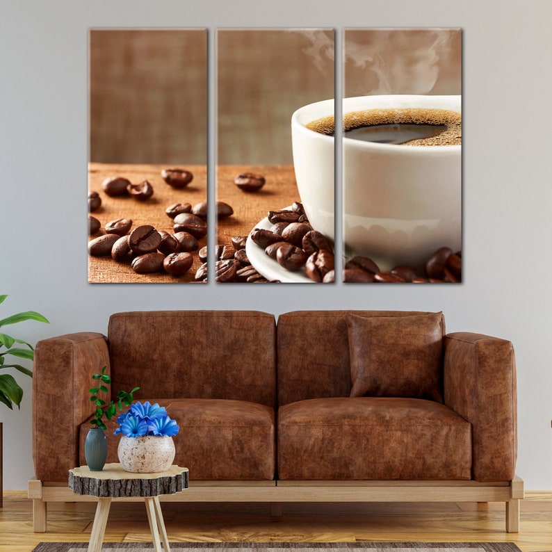 Hot and Smoky Coffee Wall Art Canvas, Coffee Beans on Plate Decor Print
